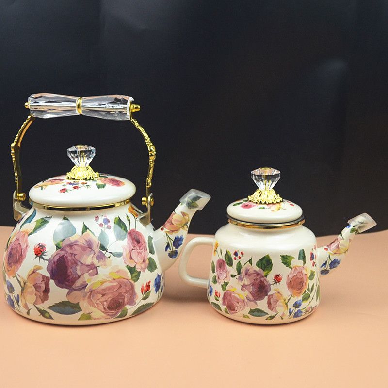 Vintage Coffee Equipment - กาน้ำชาเคลือบกุหลาบสำหรับใช้ในครัวเรือนหม้อหุงข้าวอเนกประสงค์หม้อหุงต้มใช้ในครัวภาพวาดสีน้ำมันแนววินเทจ
