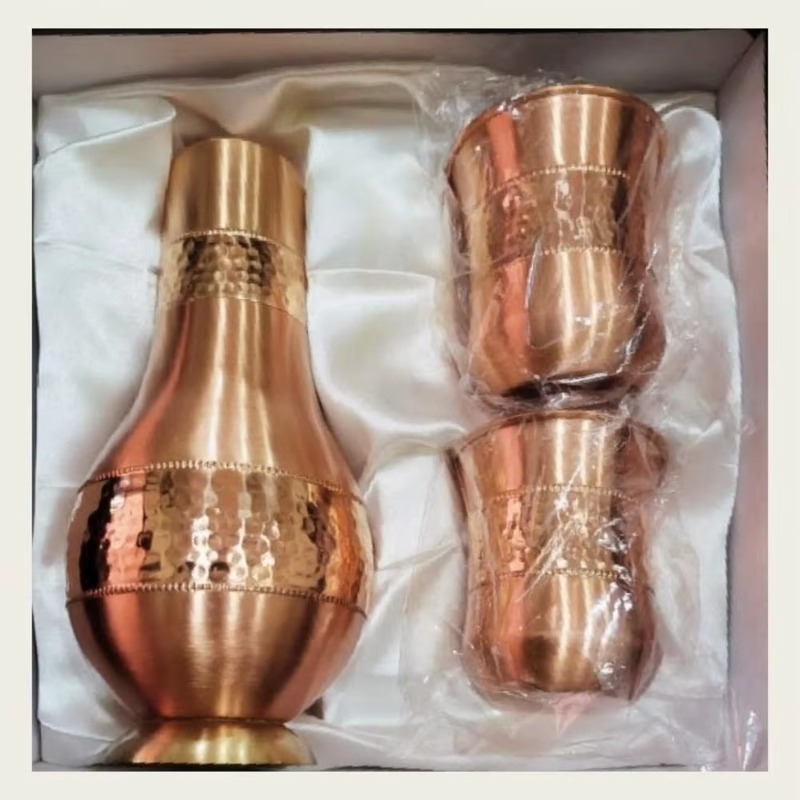 Vintage Coffee Equipment - เหยือกน้ำทองแดงเรียบขนาด 1500 มล. พร้อมฝาปิดตกแต่งวงแหวน สไตล์วินเทจ สำหรับใช้ในบ้าน