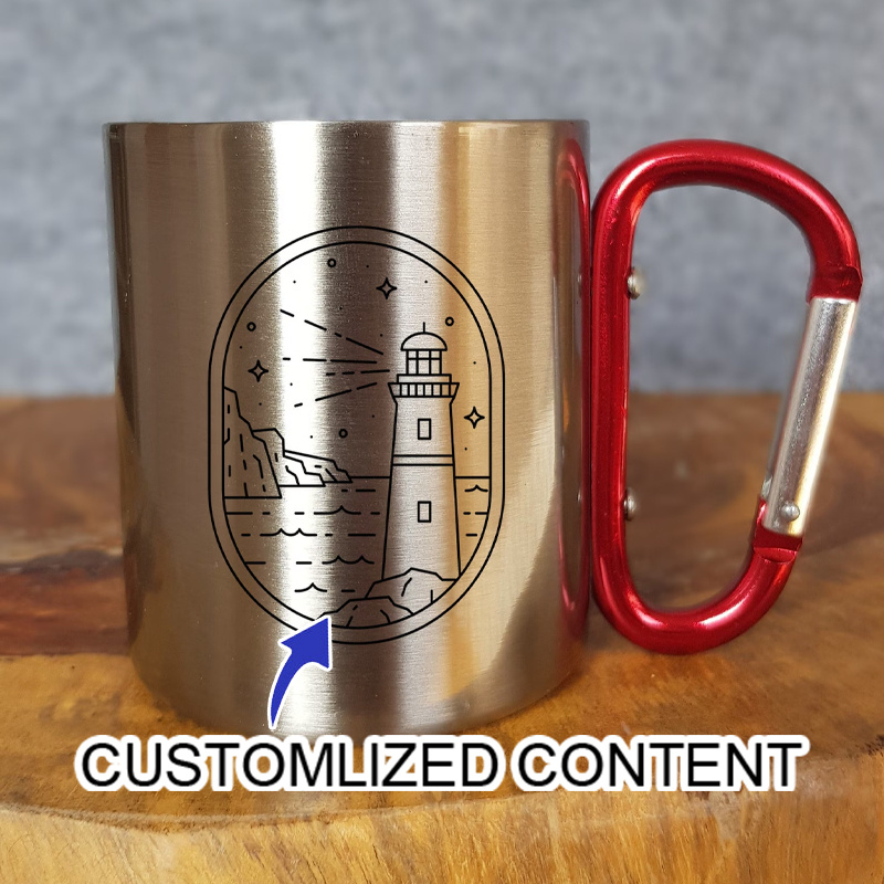 Coffee Equipment Camping - แก้วกาแฟสแตนเลสสำหรับแคมป์ปิ้ง พร้อมหูจับแบบคาราบิเนอร์ ลายพิมพ์ภูเขา พระจันทร์ และป่า แก้วกาแฟพกพาสำหรับเดินป่าและท่องเที่ยวกลางแจ้ง