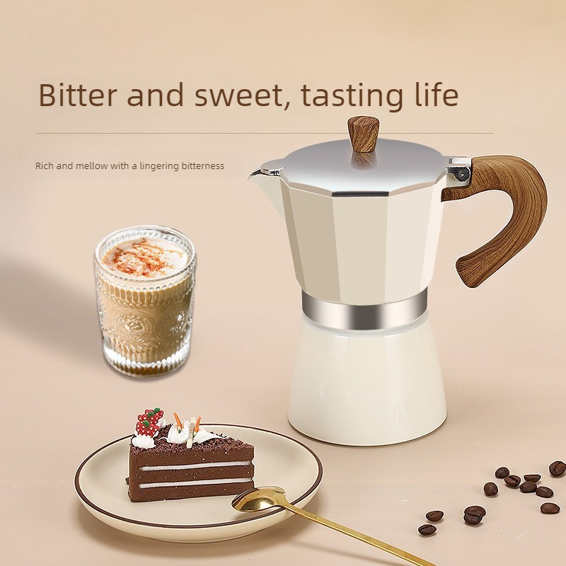 Vintage Coffee Equipment - เครื่องชงกาแฟเอสเพรสโซ่แบบโมก้าพอต ขนาด 150 มล./300 มล. พร้อมด้ามจับไม้สไตล์วินเทจ